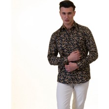 Exve Exclusive Lacivert Altın Leopar Baskı Tasarım Pamuk Rahat Bol Kesim Gömlek