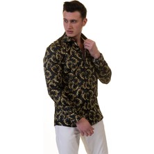 Exve Exclusive Siyah Üzerine Altın Şal Baskılı Tasarım Pamuk Rahat Bol Kesim Gömlek