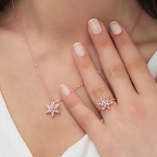 Ervanur Rose Altın Kaplama Taşlı Lotus Çiçeği Kadın Kolye Yüzük Set