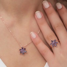 Ervanur Rose Altın Kaplama Taşlı Lotus Çiçeği Kadın Kolye Yüzük Set