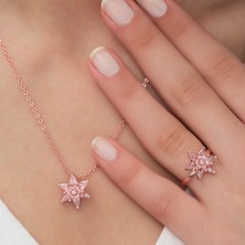 Ervanur Rose Altın Kaplama Taşlı Lotus Çiçeği Kadın Kolye Yüzük Set