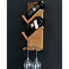 O&A Wood Doğal Ahşap Dekoratif Vintage Şaraplık, 2 Şişe 2 Kadeh Bölmeli Retro Şaraplık, Meşe Şarap Standı