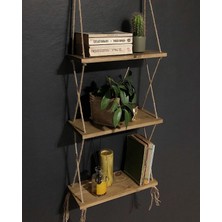 O&A Wood Halatlı Doğal Ahşap Dekoratif Duvar Rafı, 3 Katlı Ahşap Çiçeklik, Retro Hasır Ipli Ahşap