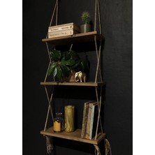 O&A Wood Halatlı Doğal Ahşap Dekoratif Duvar Rafı, 3 Katlı Ahşap Çiçeklik, Retro Hasır Ipli Ahşap