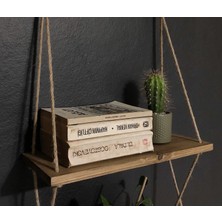 O&A Wood Halatlı Doğal Ahşap Dekoratif Duvar Rafı, 3 Katlı Ahşap Çiçeklik, Retro Hasır Ipli Ahşap
