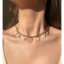 Soiestore Suyolu Zincir Akrilik Beyaz Kelebek Choker Altın Kaplama Kolye