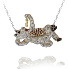 Şampanya Siyah Taşlı Keyifle Balık Yiyen Kedi Gümüş Kolye