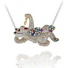 Rengarenk Taşlı Keyifle Balık Yiyen Kedi Gümüş Kolye
