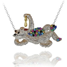 Rengarenk Taşlı Keyifle Balık Yiyen Kedi Gümüş Kolye