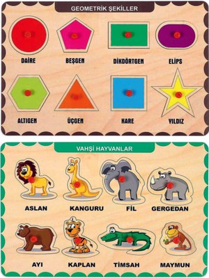 Maketçiniz Ahşap Tutmalı Eğitici 2 Adet Yapboz Puzzle Seti