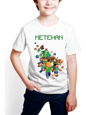 Hediyecenter Minecraft Kişiye Özel Isim Baskılı Çocuk T-Shirt Beyaz Unisex