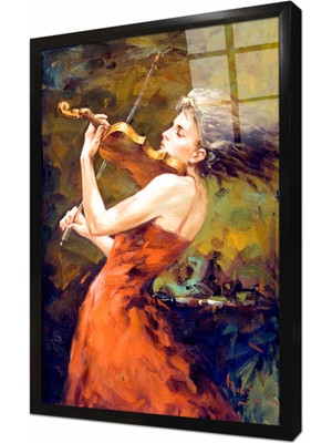 Tablosan Keman Çalan Kız Çerçeveli Cam Tablo