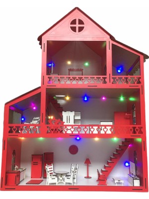 Belinay Ahşap Oyun Evi 80CM 27 Eşya LED Işıklı
