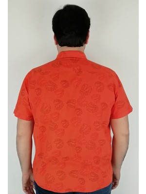 Tousus Kısa Kol Oranj Yaprak Desenli Keten Erkek Gömlek KK-18028-TSS