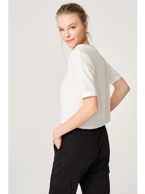 Dagi Ekru Modal Crop Basic T-Shirt