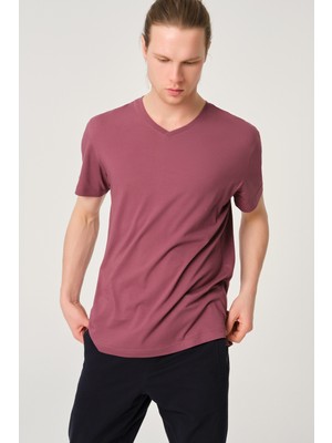 Dagi Erkek Basic Bordo Pamuk V Yaka T-Shirt