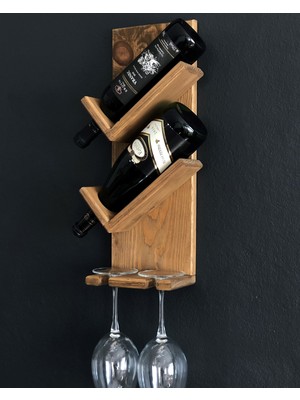O&A Wood Doğal Ahşap Dekoratif Vintage Şaraplık, 2 Şişe 2 Kadeh Bölmeli Retro Şaraplık, Meşe Şarap Standı