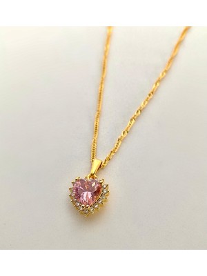Soiestore Swarovski Taşlı Pembe Kalpli Altın Kaplama Kolye