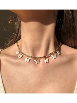 Soiestore Suyolu Zincir Akrilik Beyaz Kelebek Choker Altın Kaplama Kolye