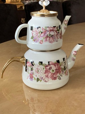 Ezem Vintage Çaydanlık Dama Çiçek Desenli Alt Çaydanlık Gold Aksesuar 14 cm Derinlik