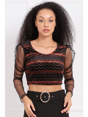 Sense Kollar Tüllü Çizgili Kadife Bluz | BLZ33256