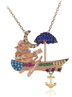 Sandalda Gitar Çalan Baykuş Gümüş Kolye