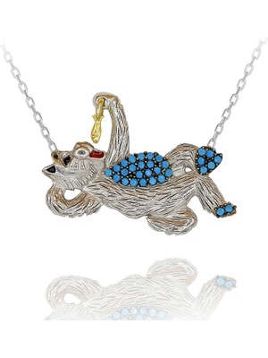 Turkuaz Taşlı Keyifle Balık Yiyen Kedi Gümüş Kolye