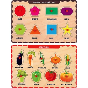 Ahşap Tutmalı Eğitici 2 Adet Yapboz Puzzle Seti