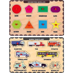 Ahşap Tutmalı Eğitici 2 Adet Yapboz Puzzle Seti