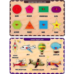 Ahşap Tutmalı Eğitici 2 Adet Yapboz Puzzle Seti