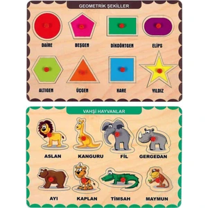 Ahşap Tutmalı Eğitici 2 Adet Yapboz Puzzle Seti