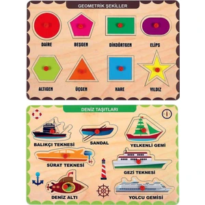 Ahşap Tutmalı Eğitici 2 Adet Yapboz Puzzle Seti