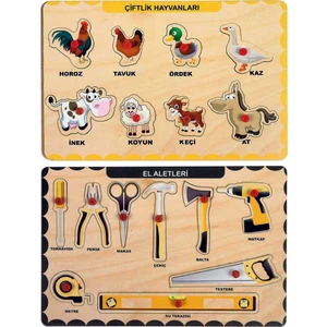 Ahşap Tutmalı Eğitici 2 Adet Yapboz Puzzle Seti