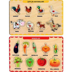 Ahşap Tutmalı Eğitici 2 Adet Yapboz Puzzle Seti