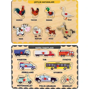 Ahşap Tutmalı Eğitici 2 Adet Yapboz Puzzle Seti