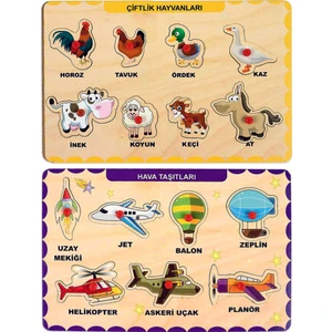 Ahşap Tutmalı Eğitici 2 Adet Yapboz Puzzle Seti