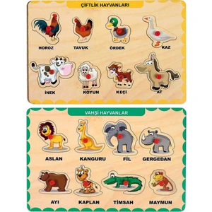 Ahşap Tutmalı Eğitici 2 Adet Yapboz Puzzle Seti