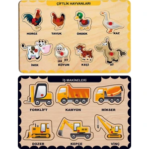 Ahşap Tutmalı Eğitici 2 Adet Yapboz Puzzle Seti