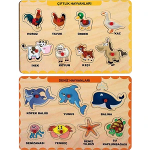 Ahşap Tutmalı Eğitici 2 Adet Yapboz Puzzle Seti