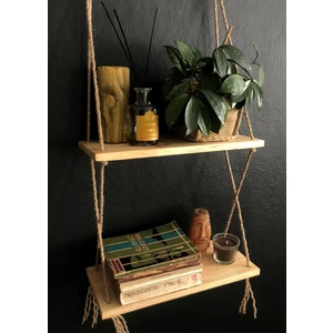 O&A Wood 2 Katlı Ahşap Çiçeklik, Halatlı Doğal Ahşap Dekoratif Duvar Rafı, Retro Hasır Renksiz Vernikli Raf