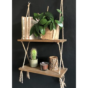 O&A Wood Halatlı Doğal Ahşap Dekoratif Duvar Rafı, 2 Katlı Ahşap Çiçeklik, Retro Hasır Ipli Ahşap Uçan Raf