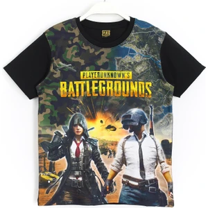 Pubg  Mobile Oyun Baskılı Erkek Çocuk Kısa Kollu Yazlık Kamuflaj T-Shirt Siyah 001-0001725