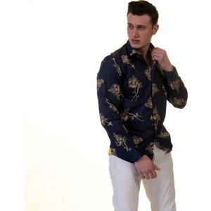 Exve Exclusive Lacivert Altın Gül Baskılı Tasarım Pamuk Rahat Bol Kesim Gömlek