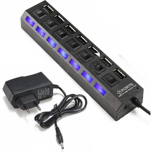 7 Port USB Hub Çoklayıcı Çoğaltıcı Onoff Düğmeli Işıklı Adaptörlü