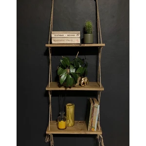 O&A Wood Halatlı Doğal Ahşap Dekoratif Duvar Rafı, 3 Katlı Ahşap Çiçeklik, Retro Hasır Ipli Ahşap