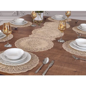 Tropik Home Amerikan Servis Supla ve Runner Seti 6 Kişilik Set Nakışlı Venezia Bej 7 Parça Çeyizlik Masa ve Sunum Takımı