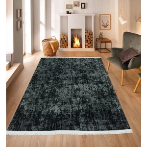 Balat Halı Saçaklı Kalın Kaymaz Taban Desenli Koyu Gri Peluş Halı