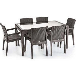 Rattan Plastik Oturma Grubu (90X150 Camlı Masa + 6 Rattan Koltuk)    Rattan Sehpa Hediyeli