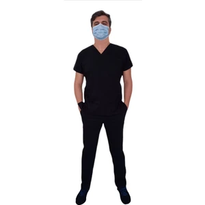 Doktor Hemşire Erkek Likralı Terikoton Üniforma Siyah V Yakalı Takım
