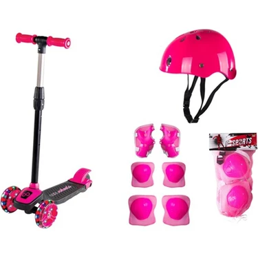 Cool Wheels 3 Tekerlekli Pembe Scooter Kasklı 5 - 7 Yaş İçin LED Işıklı Tekerlekli Full